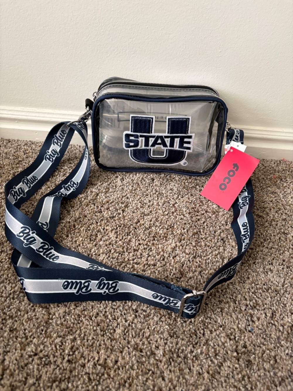 Clear Crossbody Messenger Bag with Navy 'State U' Logo and Adjustable Strap